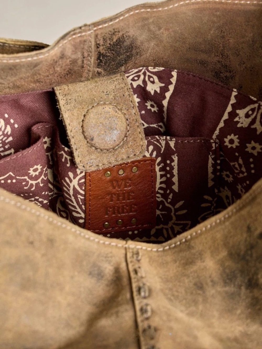 Free People We The Free Distressed Khaki Sandblast Suede Shoulder Bag Bucket - Picture 12 of 13